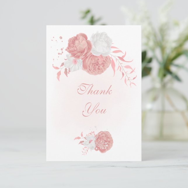 Rosa-weiße Blume botanische Hochzeit Dankeskarte (Stehend Vorderseite)