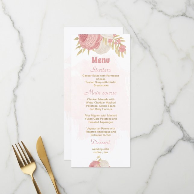 Rosa-weiße Blume botanisches Hochzeitsmenü Menükarte (Vorderseite/Rückseite Beispiel)
