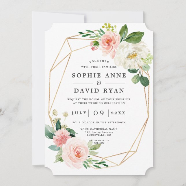 Rosa weiße Blume Rose Gold in einer Hochzeit Einladung (Vorderseite)