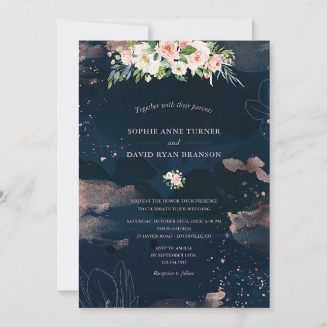 Rosa Weiße Blume Rose Gold Navy Blue Hochzeit Einladung (Vorderseite)