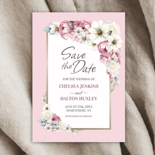 Rosa weiße Blütenhochzeit retten das Datum Save The Date (Von Creator hochgeladen)