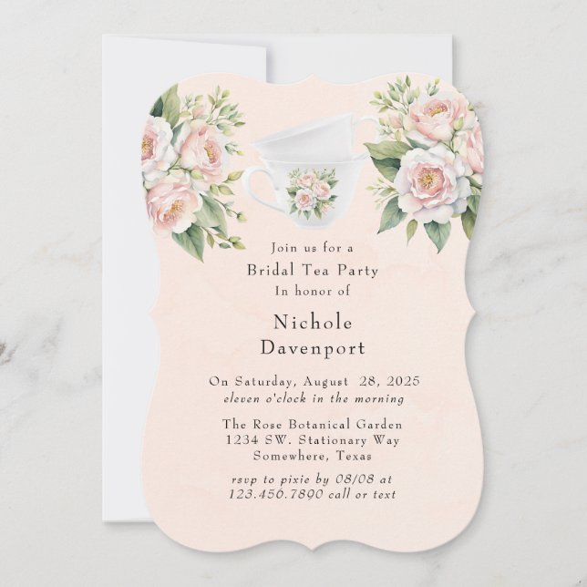 Rosa Weiße botanische Rose Bridal Tee Party Einladung (Vorderseite)