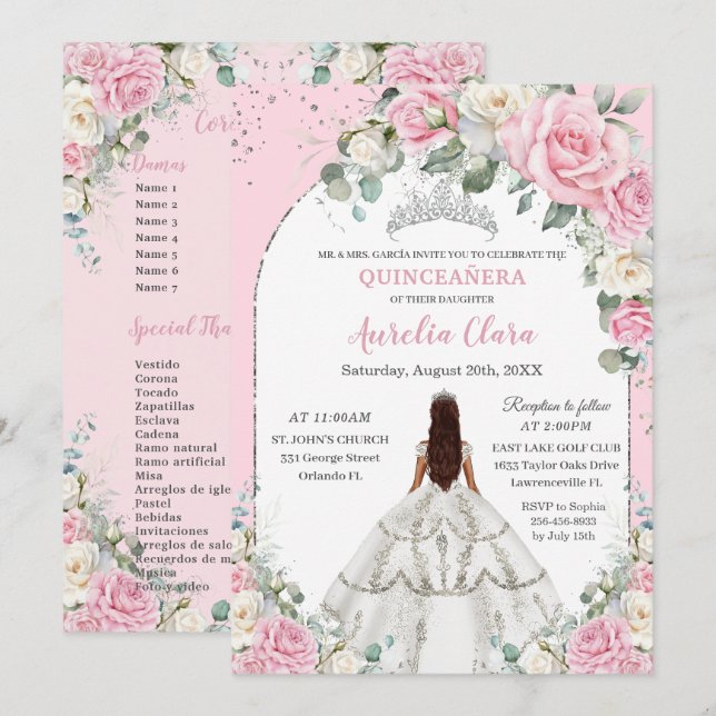 Rosa Weiße Flora Silberschmiede Quinceanera Süß 16 Einladung (Vorne/Hinten)