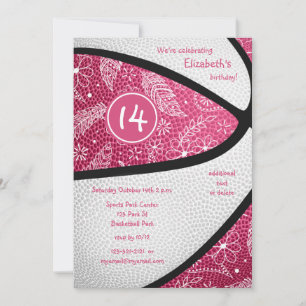 rosa weiße florale Doodle-Basketball-Feier Einladung