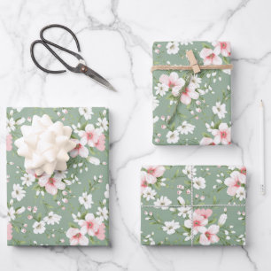 Rosa Weiße Florale Grüne Hintergrund Cottage Core  Geschenkpapier Set
