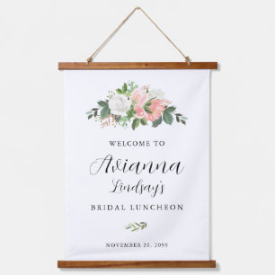 Rosa-weiße florale Willkommensgruß zur Braunlunch Wandteppich Mit Holzrahmen
