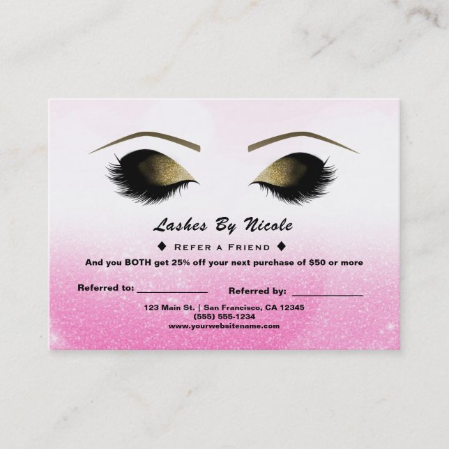 Rosa Weiße Glitzer Lashes Empfehlungskarte (Vorderseite)
