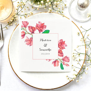 Rosa-weiße Hochzeits-Wasserfarben-Blumen Serviette