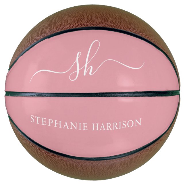 Rosa-weiße Individuelle Name Monogramm Basketball (Vorderseite)