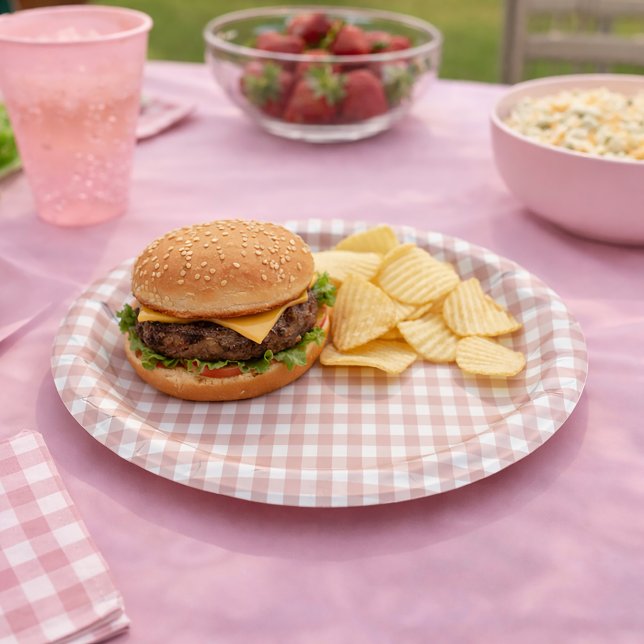 Rosa-weiße klassische Gingham-Karomuster Pappteller (A paper plate with a pink and white gingham plaid pattern.)