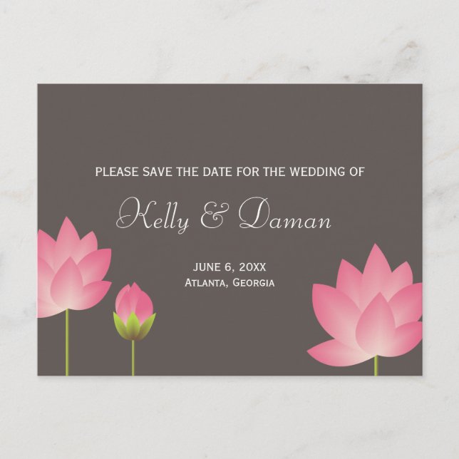 Rosa, weiße Lotus Blume, modern grau Save the Date Ankündigungspostkarte (Vorderseite)