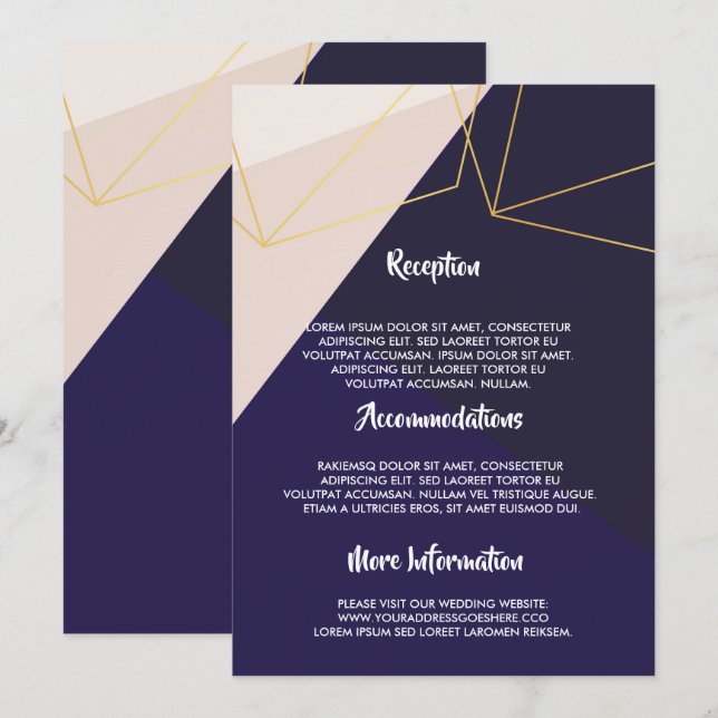 Rosa, weiße Marineblau, geometrisch goldfarben Einladung (Vorne/Hinten)