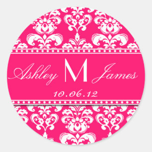 Rosa-weiße Monogramm-Damaske Save the Date Aufkleb Runder Aufkleber