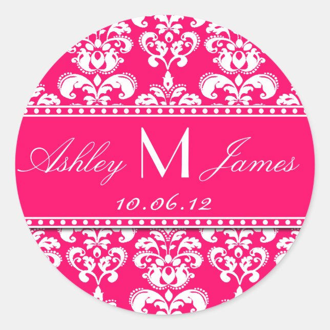 Rosa-weiße Monogramm-Damaske Save the Date Aufkleb Runder Aufkleber (Vorderseite)