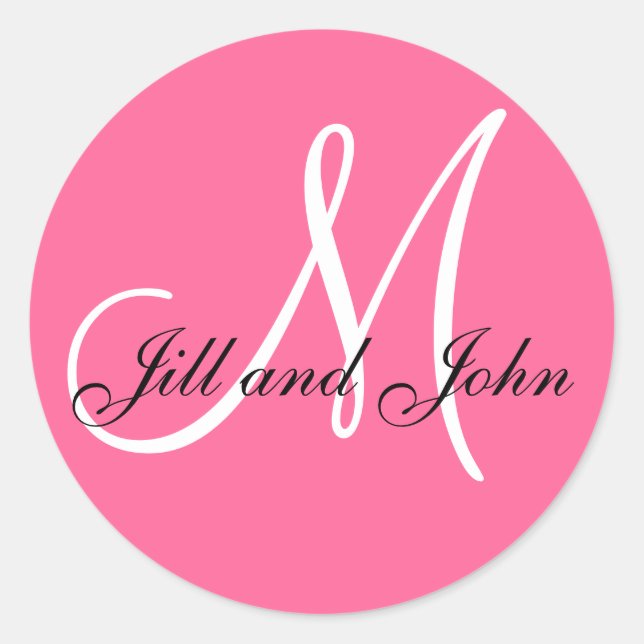 Rosa weiße Namen Monogram M Hochzeitsticker Runder Aufkleber (Vorderseite)