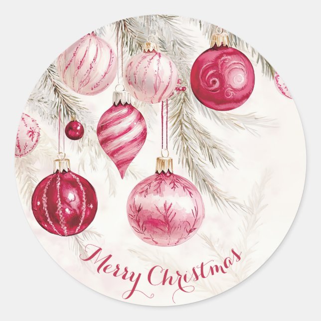 Rosa Weiße Ornamente Weihnachten Runder Aufkleber (Vorderseite)