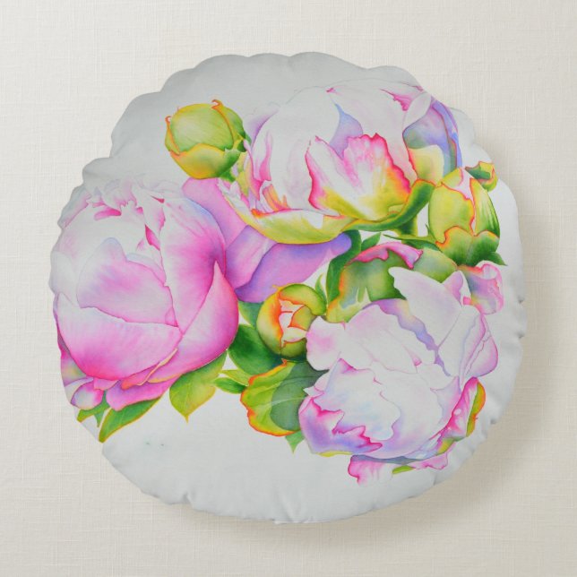 Rosa, weiße Peonfarben Rundes Kissen (Vorderseite)