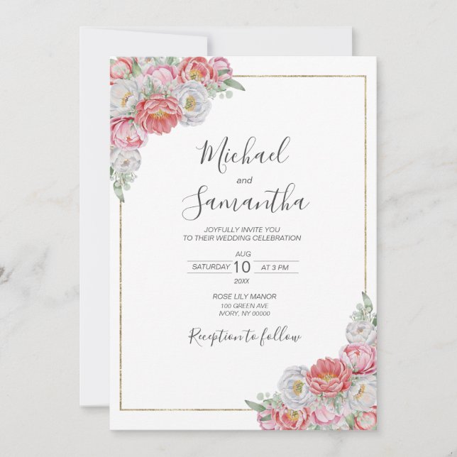 Rosa-weiße Peony-Hochzeit Einladung (Vorderseite)