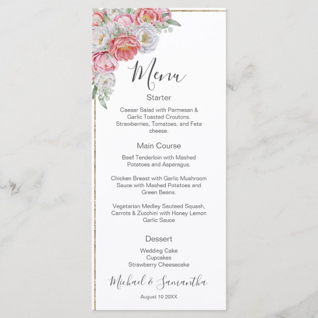 Rosa-weiße Peony-Hochzeit Menükarte (Vorderseite)