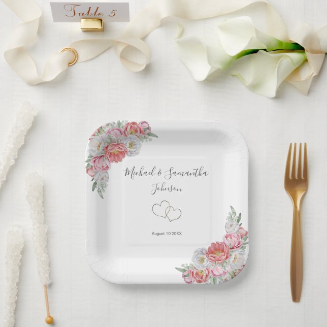 Rosa-weiße Peony-Hochzeit Pappteller (Hochzeit)