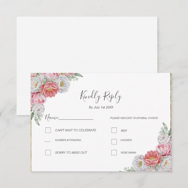 Rosa-weiße Peony-Hochzeit RSVP Karte (Vorne/Hinten)