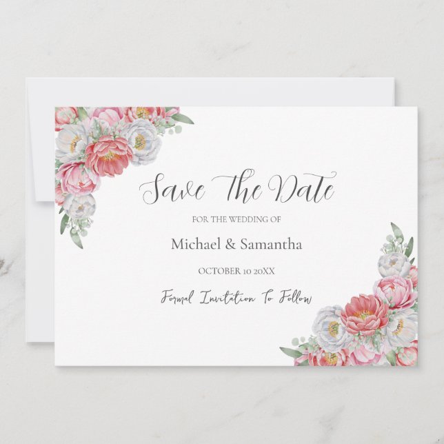 Rosa-weiße Peony-Hochzeit Save The Date (Vorderseite)