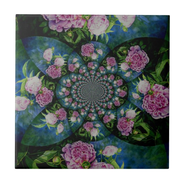 Rosa, weiße Perle, Blumenmandala Fliese (Vorderseite)