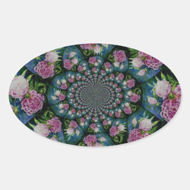 Rosa, weiße Perle, Blumenmandala Ovaler Aufkleber (Vorderseite)