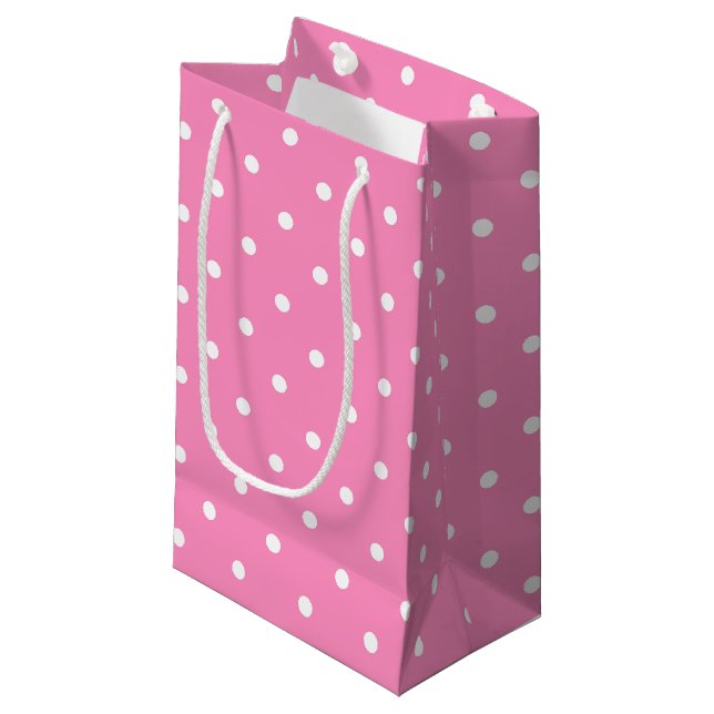Rosa weiße Polka gepunktetes Muster für ihre Vorla Kleine Geschenktüte (Vorderseite Schrägansicht)