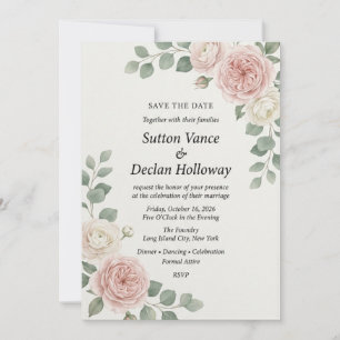 Rosa & Weiße Rose Botanische Elegante Save-the-Dat Einladung