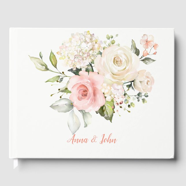 Rosa Weiße Rosen Weiße Hydrangeas Grüne Hochzeit Gästebuch (Vorderseite)