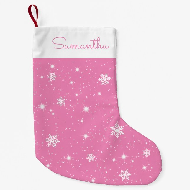 Rosa weiße Schneeflocken Sterne Muster mit Namen Kleiner Weihnachtsstrumpf (Vorderseite)