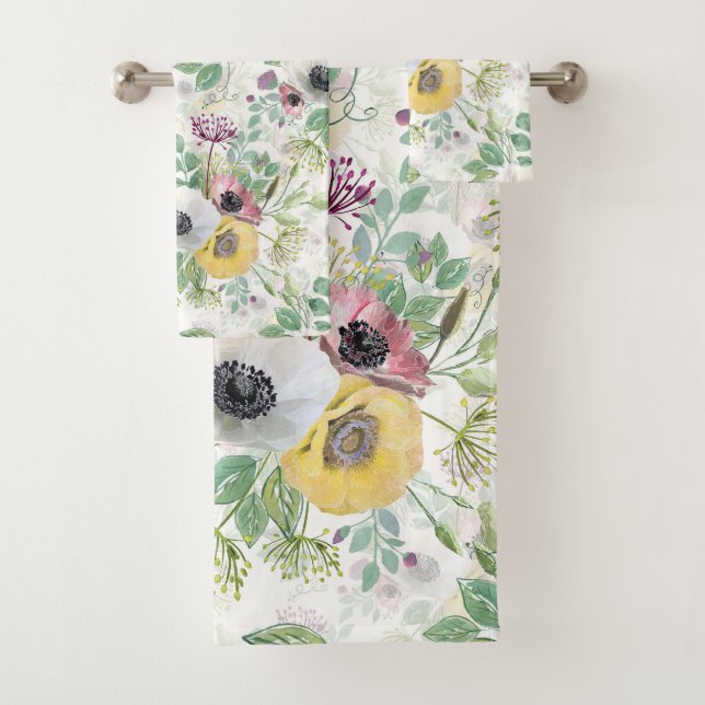 Rosa, weiße und gelbe Anemone. Badhandtuch Set (Insitu)