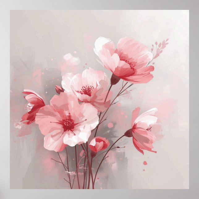 Rosa, Weiße und Graue Blumenmuster Poster (Vorne)