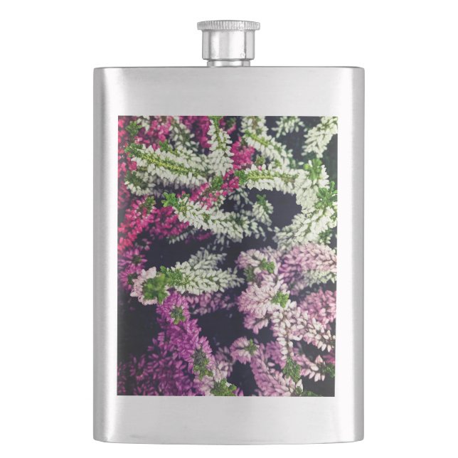 Rosa, weiße und violette Blumen Flachmann (Vorderseite)