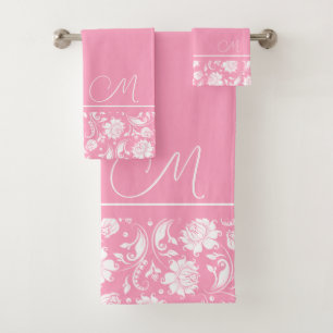 Rosa-weiße Vintage Damasken Monogramm 2 Badehose Badhandtuch Set