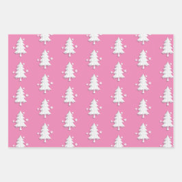 Rosa, weiße Weihnachten, Bäume, Schneeflocken - Ur Geschenkpapier Set