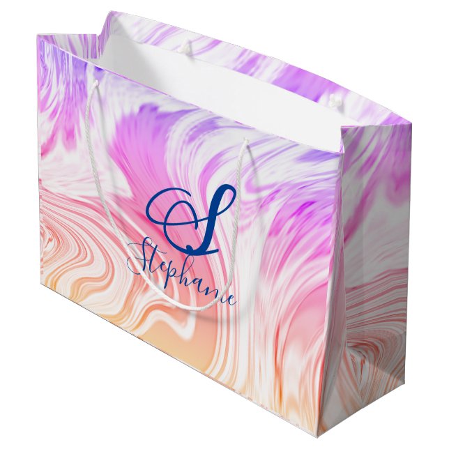 Rosa Weiße Welle Abstrakte Girly Monogramme Niedli Große Geschenktüte (Rückseite Schrägansicht)