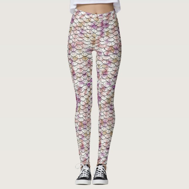 Rosa weißer Meerjungfrau-Skala-Druck Leggings (Vorderseite)