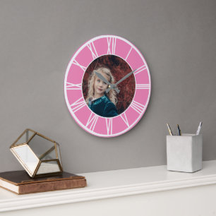 Rosa, weißer römischer Rand, Rosa, Foto rund Große Wanduhr
