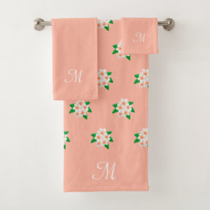 Rosa-weißes Blumenmuster & Monogramm auf Korallenr Badhandtuch Set
