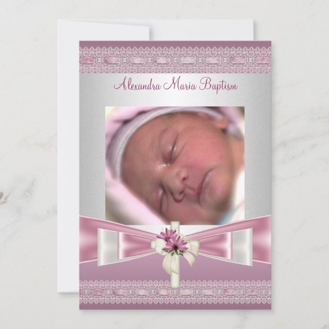 Rosa Weißes Foto Taufe Christening Einladung (Vorderseite)