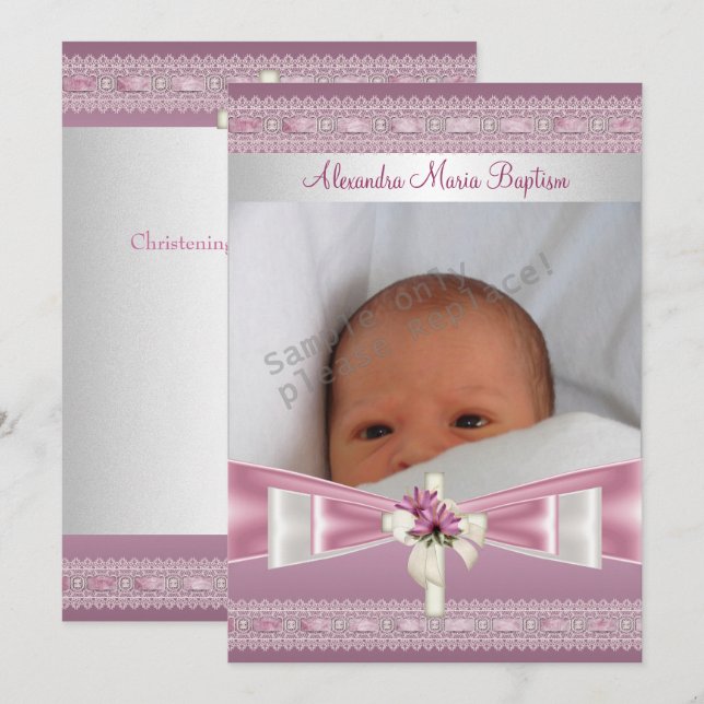 Rosa Weißes Foto Taufe Christening Einladung (Vorne/Hinten)