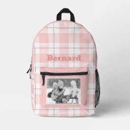 Rosa Weißes Gingham Kariertes Muster Name und Foto Bedruckter Rucksack