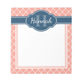 Rosa Weißes Gittermuster Blaues Monogramm Notizblock