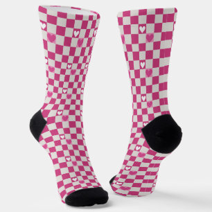Rosa, weißes, kariertes Muster mit Herz Socken