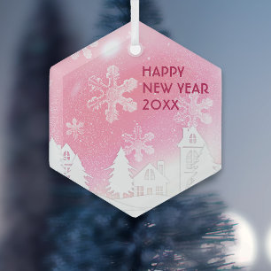 Rosa Weißes Schnee Haus Frohes Neues Jahr Ornament Aus Glas