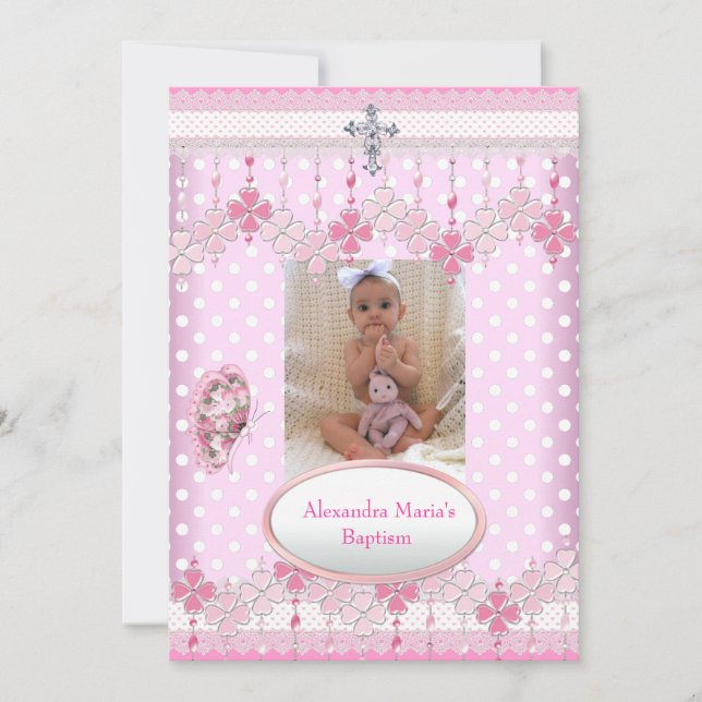 Rosa weißes Spot-Foto Frame Cross Baptisse 3 Einladung (Vorderseite)