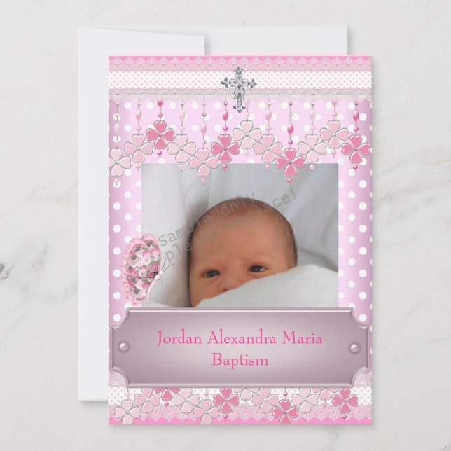 Rosa weißes Spot-Foto Frame Cross-Taufen Einladung (Vorderseite)