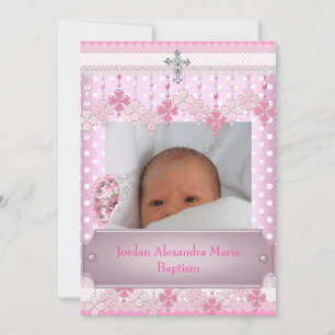 Rosa weißes Spot-Foto Frame Cross-Taufen Einladung